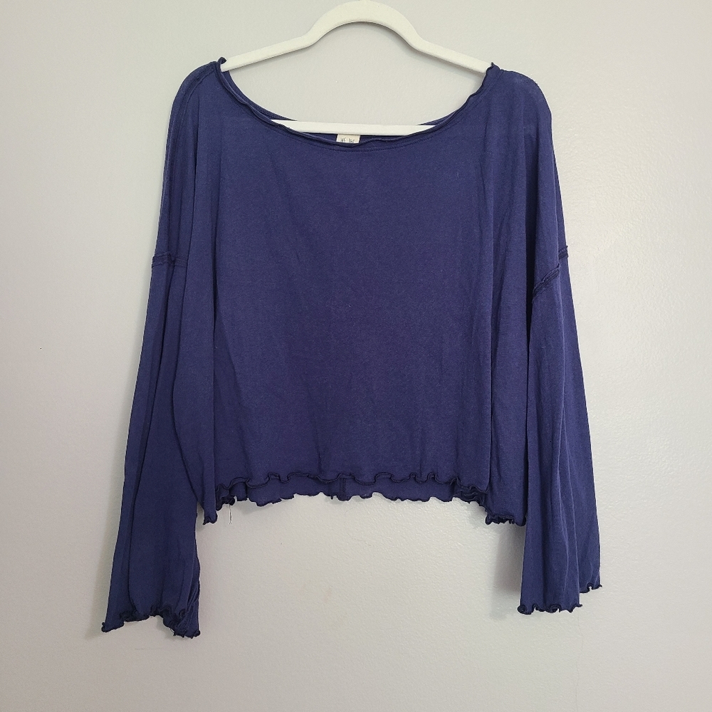 Free People Bird Gang Cropped Oversized Bell Sleeve Beachy Blue Cotton Tee L